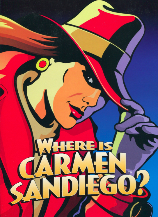 Pocket folder cover art for Carmen Sandiego sales collaterals.